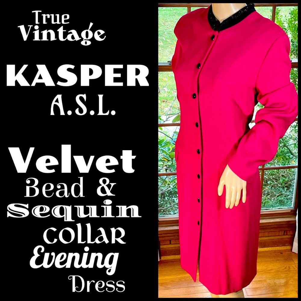⭐️HP⭐VTG▪️KASPER▪️Magenta Pink & Black Velvet Bead & Sequin Collar Evening Dress